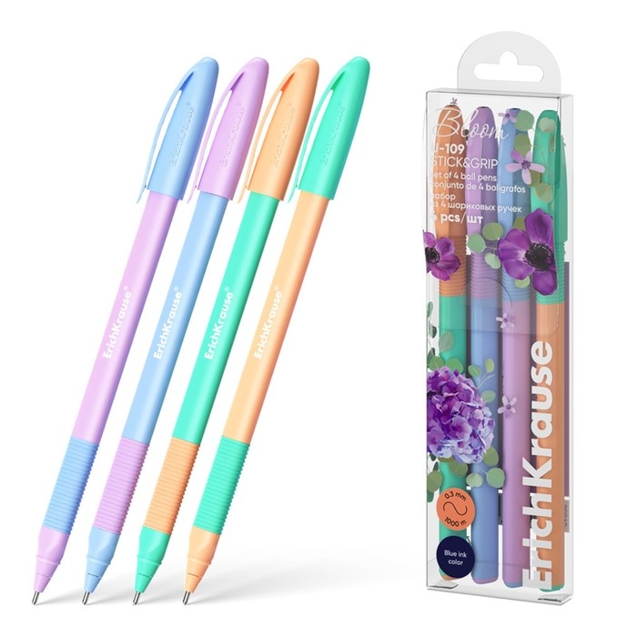 Набор ручек шариковых 4 штуки, ErichKrause U-109 Stick&Grip Pastel Bloom, узел 1.0 мм, чернила синие, резиновый держатель, длина линии письма 1000 метров Набор ручек шариковых 4 штуки, ErichKrause U-109 Stick&Grip Pastel Bloom, узел 1.0 мм, чернила синие, резиновый держатель, длина линии письма 1000 метров