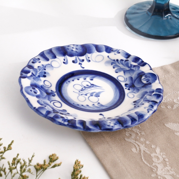 Блюдце гжель «Анемон», бело-синий,керамика, D = 15 см, Блюдце гжель «Анемон», бело-синий,керамика, D = 15 см,