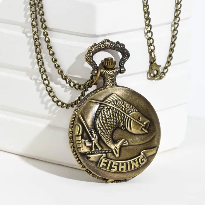 Часы карманные &laquo;Рыбалка&raquo;, кварцевые, d=4.5 см, цепочка 80 см