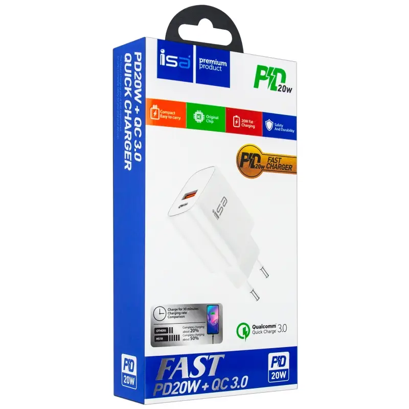 Переходник СЗУ HS18 на USB + Type-C  PD20W + QC3.0 ISA белый