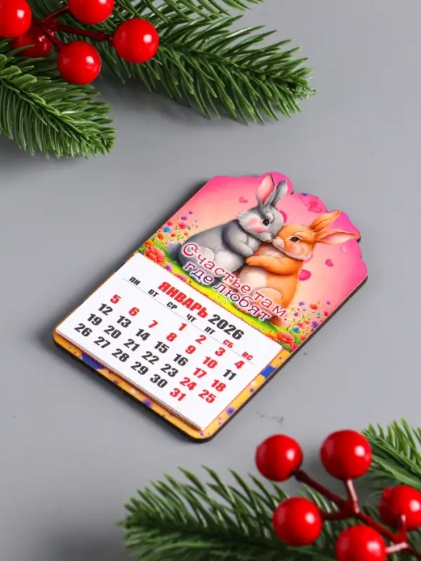 Магнит-календарь, отрывной, зайцы "Счастье там, где любят" 9,5х6,5 см