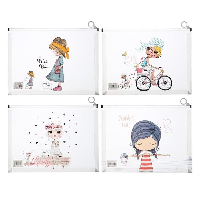 Папка-конверт на молнии формат А4, 180 мкр, прозрачная с рисунком Папка-конверт на молнии формат А4, 180 мкр, прозрачная с рисунком "Девочки", МИКС