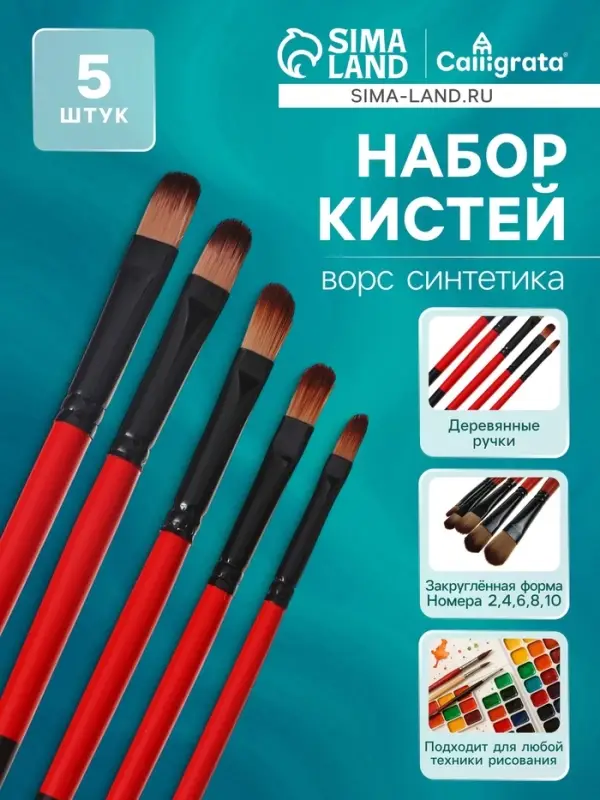 Набор кистей для рисования, нейлон, 5 штук, плоские, закругленные, деревянная ручка, международный размер