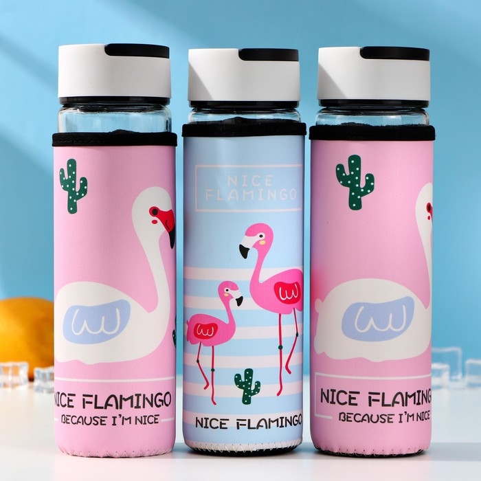 Бутылка для воды стеклянная с ручкой в чехле &laquo;Фламинго&raquo;, 500 мл, h=23,5 см, рисунок МИКС