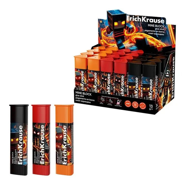 Клей-карандаш PVP, ErichKrause Prism Mine Block, 13 г, МИКС