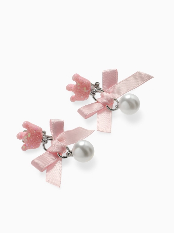 Серьги-клипсы детские  Серьги-клипсы детские "Выбражулька" корона с бантом и жемчужиной, цвет розово-белый