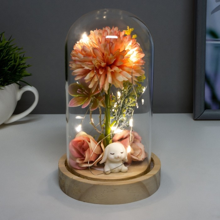 Ночник-колба Ночник-колба "Пион малый" LED от батареек 3хLR1130 розово-бежевый 9,5х9,5х16,5 см RISALUX 736365