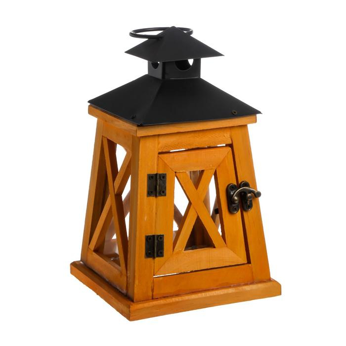 Подсвечник дерево на 1 свечу "Фонарь трапеция" коричневый жёлтый 20,5х12,5х12,5 см