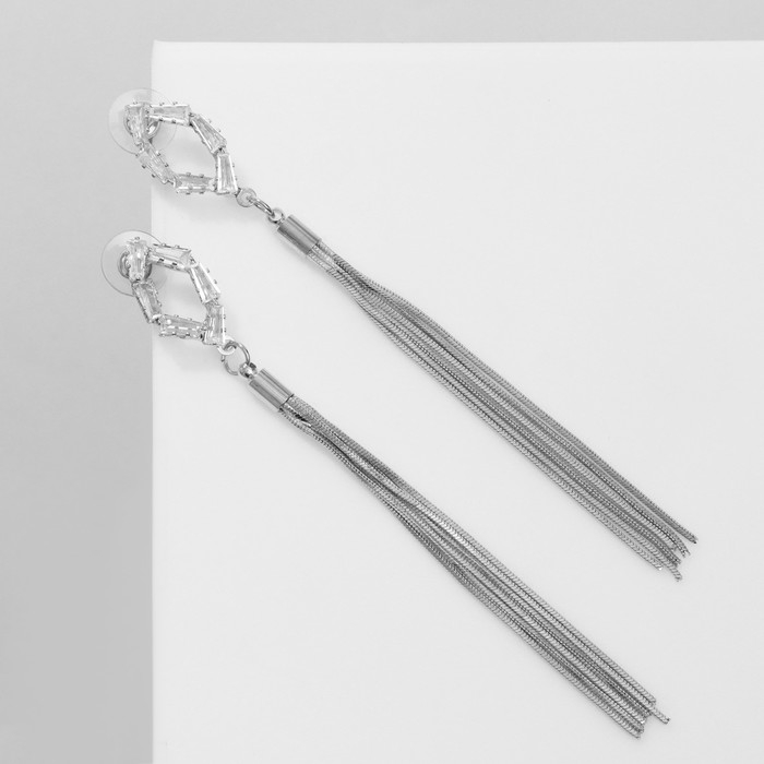 Серьги висячие со стразами «Одиссея» эллипс, цвет белый в серебре