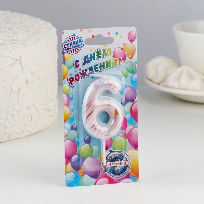 Свеча в торт  Свеча в торт "Белый мрамор", цифра "6", 5,5 см