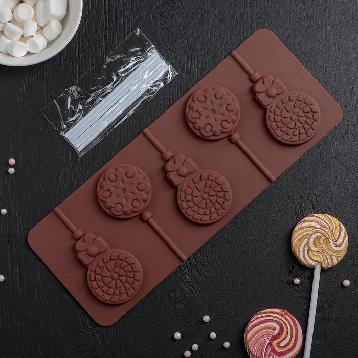 Форма для леденцов Доляна «Улыбка», силикон, 25×9,5 см, 5 ячеек, с палочками, цвет МИКС Форма для леденцов Доляна «Улыбка», силикон, 25×9,5 см, 5 ячеек, с палочками, цвет МИКС