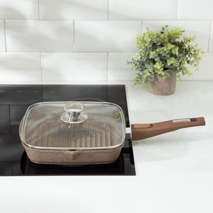 Сковорода-гриль «Гранит», 24×24 см, съёмная ручка, стеклянная крышка, антипригарное покрытие, цвет коричневый Сковорода-гриль «Гранит», 24×24 см, съёмная ручка, стеклянная крышка, антипригарное покрытие, цвет коричневый