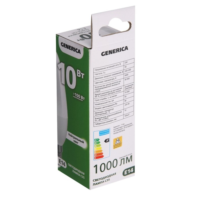 Лампа светодиодная GENERICA C35, 10 Вт, свеча, 4000 К, E14, 230 В, LL-C35-10-230-40-E14-G Лампа светодиодная GENERICA C35, 10 Вт, свеча, 4000 К, E14, 230 В, LL-C35-10-230-40-E14-G