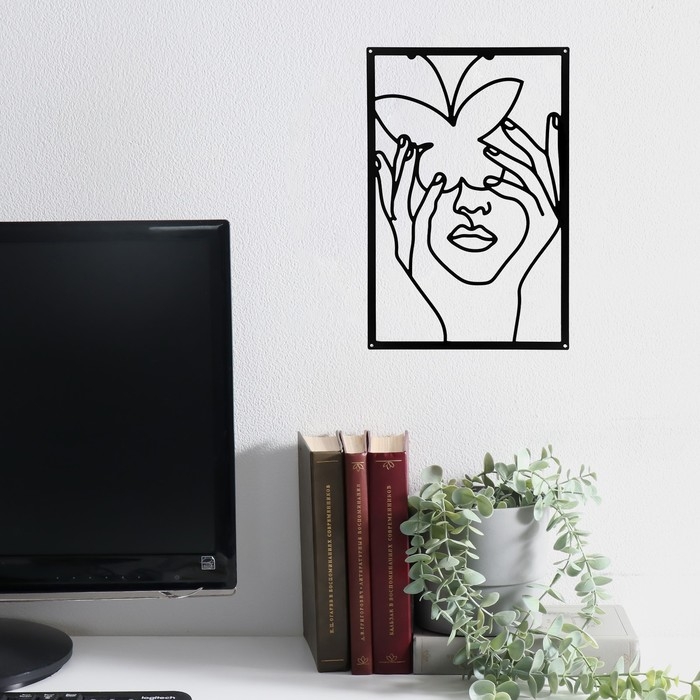 Панно интерьерное металл  Панно интерьерное металл "Абстракция. Девушка с бабочкой" чёрное 30х45 см