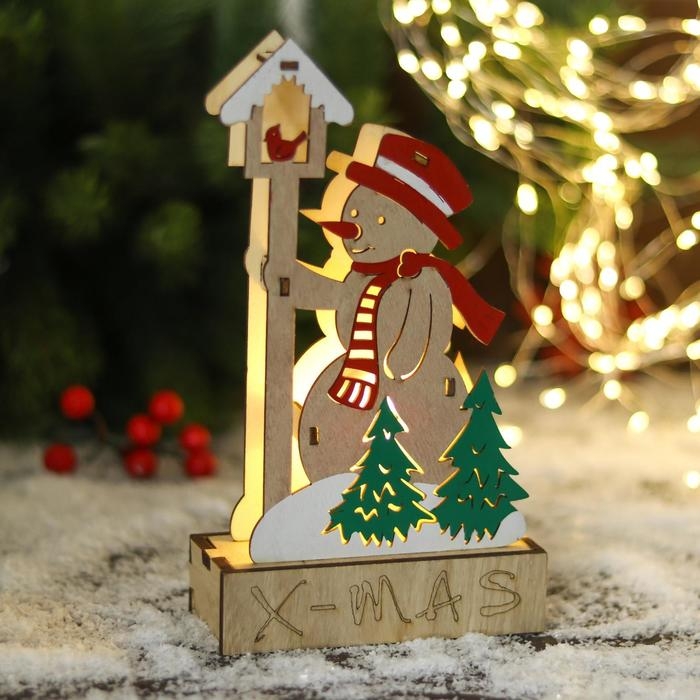 Фигурка новогодняя свет  Фигурка новогодняя свет "Снеговик в лесу у скворечника" 12х21 см