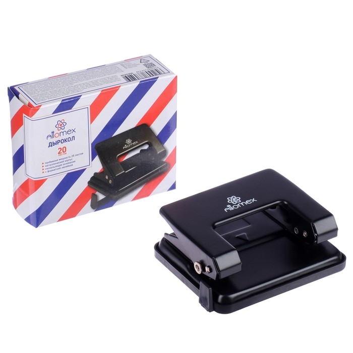 Дырокол металлический 20 листов, Attomex, форматная линейка, чёрный Дырокол металлический 20 листов, Attomex, форматная линейка, чёрный