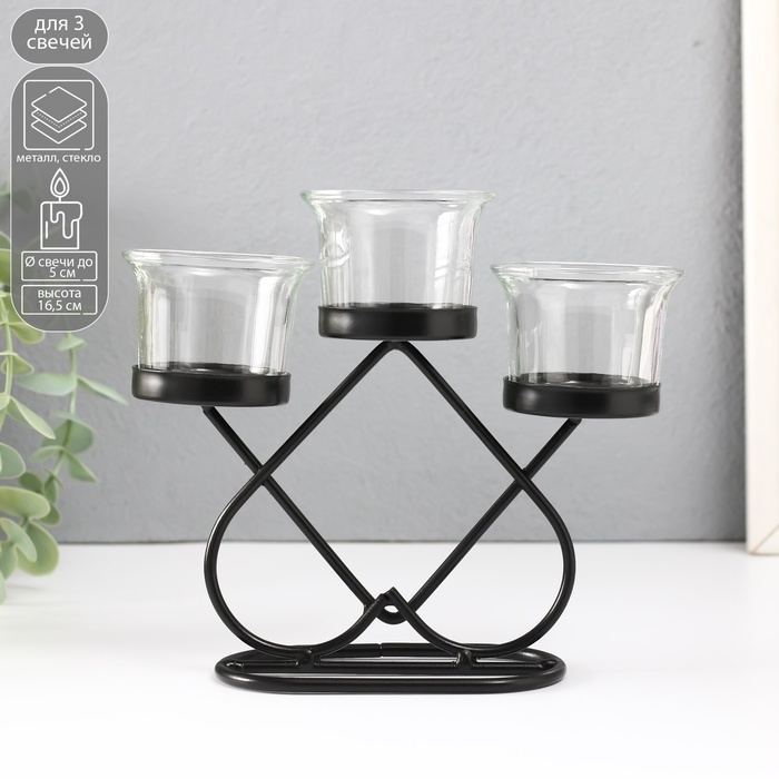 Подсвечник металл, стекло на 3 свечи Подсвечник металл, стекло на 3 свечи "Пика" d=5 см чёрный 19х6х16,5 см