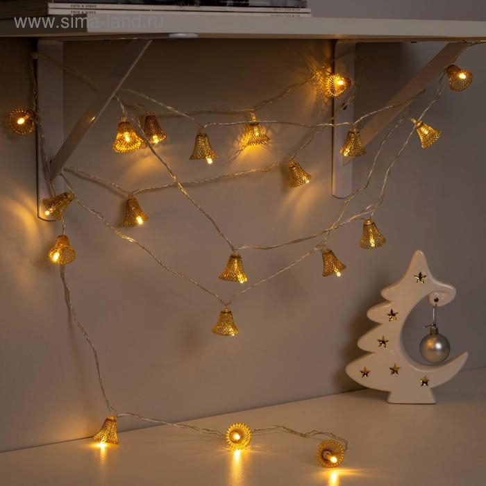 Гирлянда «Нить» 4 м с насадками «Колокольчик», IP20, прозрачная нить, 20 LED, свечение тёплое белое, 8 режимов, 220 В