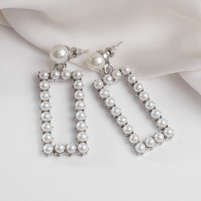 Серьги с жемчугом «Нежность» полый прямоугольник, цвет белый в серебре Серьги с жемчугом «Нежность» полый прямоугольник, цвет белый в серебре