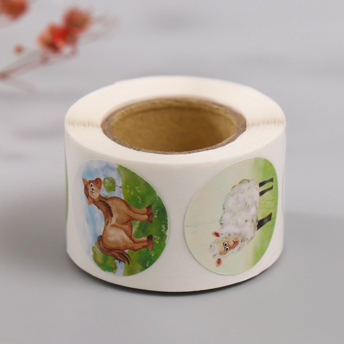 Наклейка бумага Наклейка бумага "Животные в деревне" d=2,5 см 252 шт в рулоне