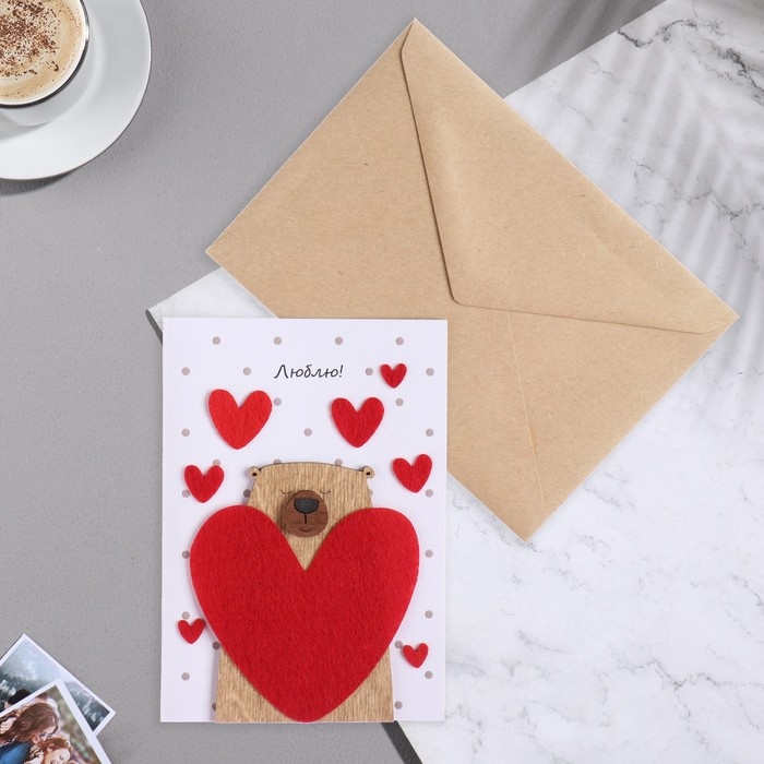 Открытка с деревянным элементом Открытка с деревянным элементом "Люблю!" ручная работа, сердце, 14,7х10,5 см