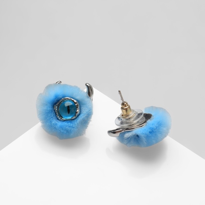 Серьги с эмалью «Монстрики» с рожками, пушистый, цвет голубой Серьги с эмалью «Монстрики» с рожками, пушистый, цвет голубой