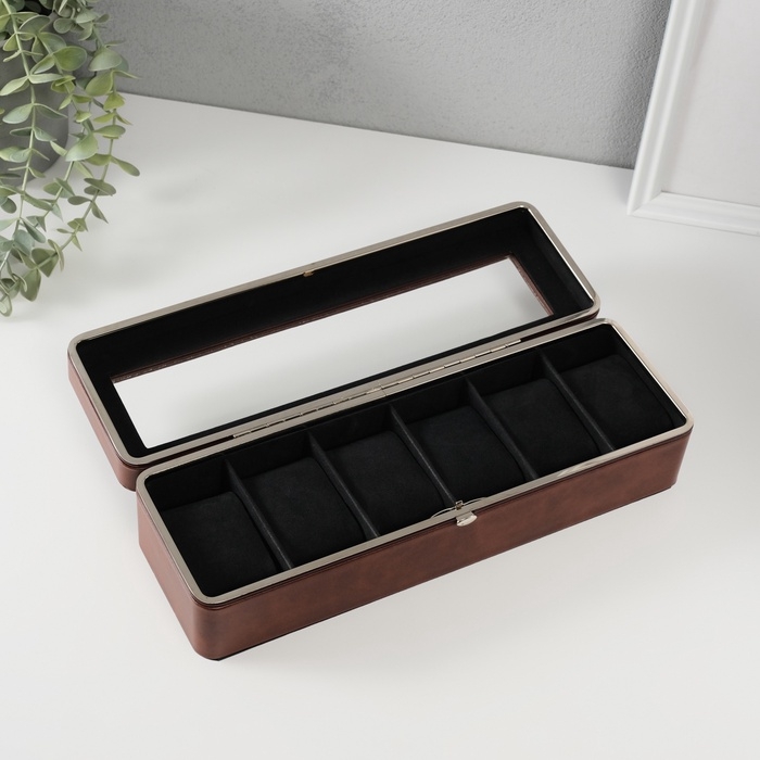 Шкатулка кожзам под часы 6 отделений "Коричневая"9,5х30,5х8 см