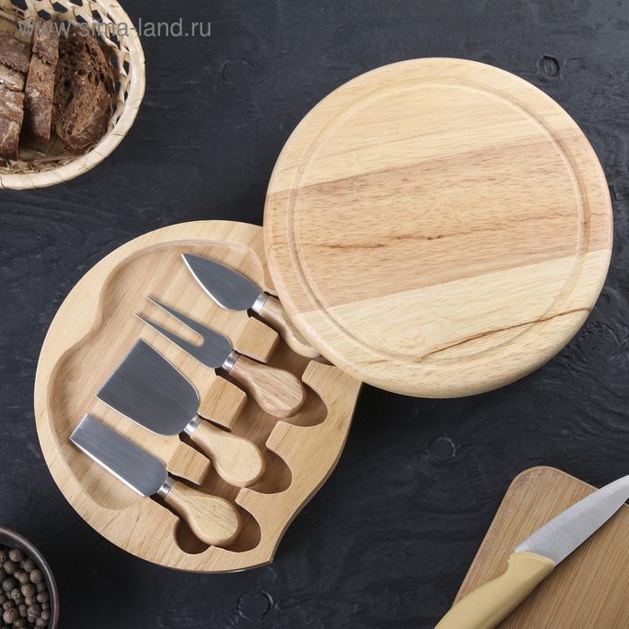 Набор для подачи сыра, доска из дуба 25×25×3,5 см, 4 ножа для сыра Набор для подачи сыра, доска из дуба 25×25×3,5 см, 4 ножа для сыра