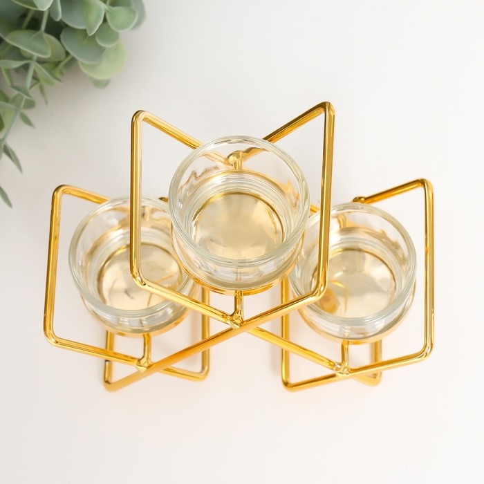 Подсвечник металл, стекло на 3 свечи Подсвечник металл, стекло на 3 свечи "Пересечения" d-4,5 см золото 14х6х16 см