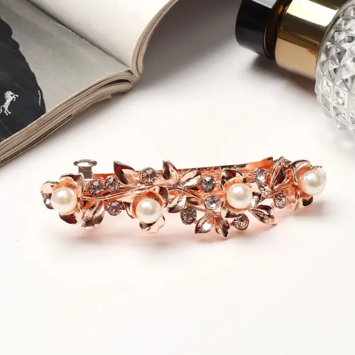 Заколка-автомат для волос &laquo;Джоззи&raquo;, жемчуг листочки, 9 см, золото