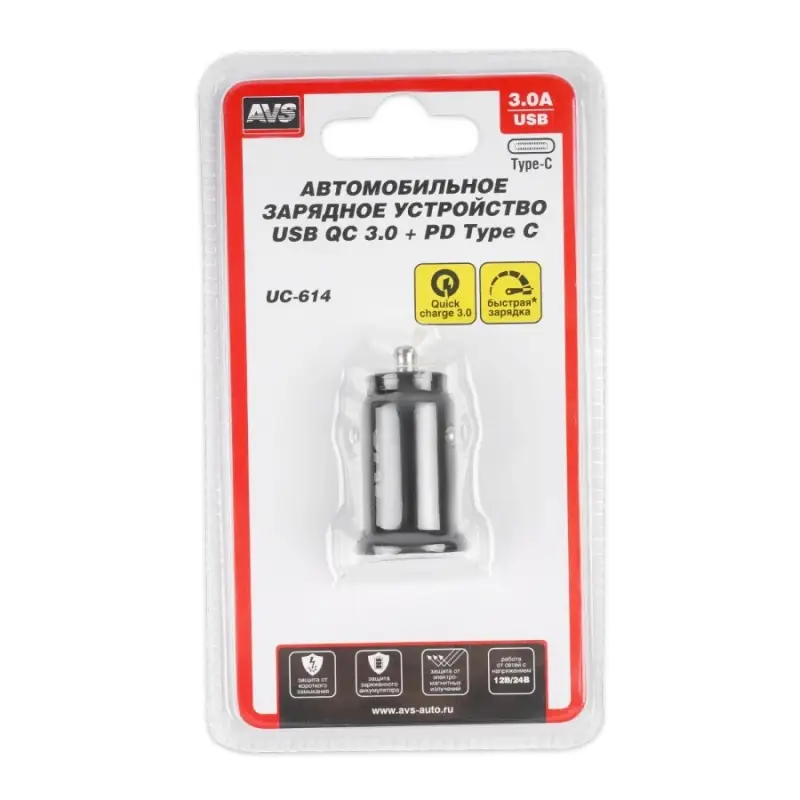 USB автомобильное зарядное устройство AVS 2 порта UC-614 (USB QC 3.0+PD Type C)