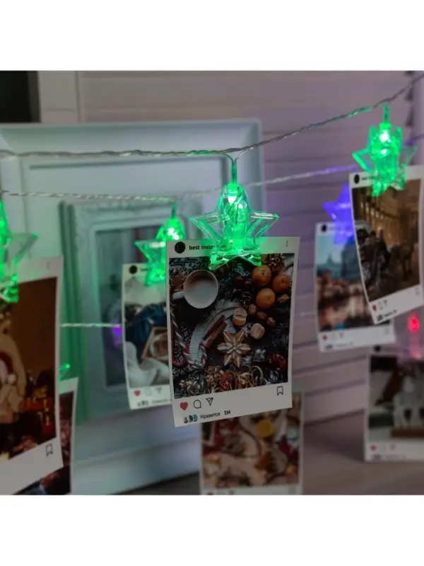 Гирлянда &laquo;Нить&raquo; 4.5 м с насадками &laquo;Прищепки-звёзды&raquo;, IP20, прозрачная нить, 20 LED, свечение мульти (RG/RB), мигание, 220 В