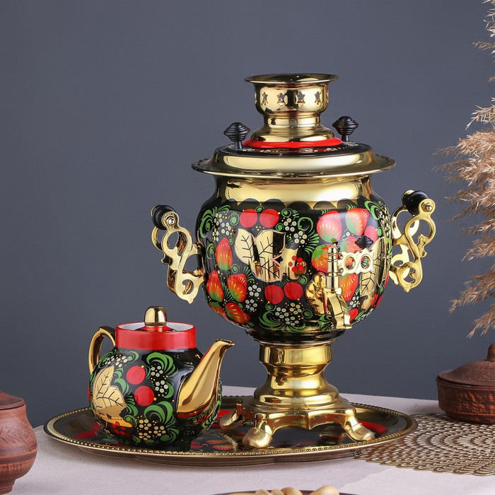 Набор «Хохлома», овал, 3 предмета, самовар 3 л, заварочный чайник 0,7 л, поднос Набор «Хохлома», овал, 3 предмета, самовар 3 л, заварочный чайник 0,7 л, поднос