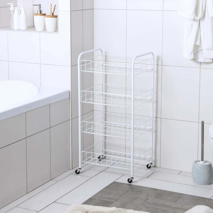 Этажерка напольная 4-х секционная Доляна, на колёсах, 31×34×77 см, цвет белый Этажерка напольная 4-х секционная Доляна, на колёсах, 31×34×77 см, цвет белый