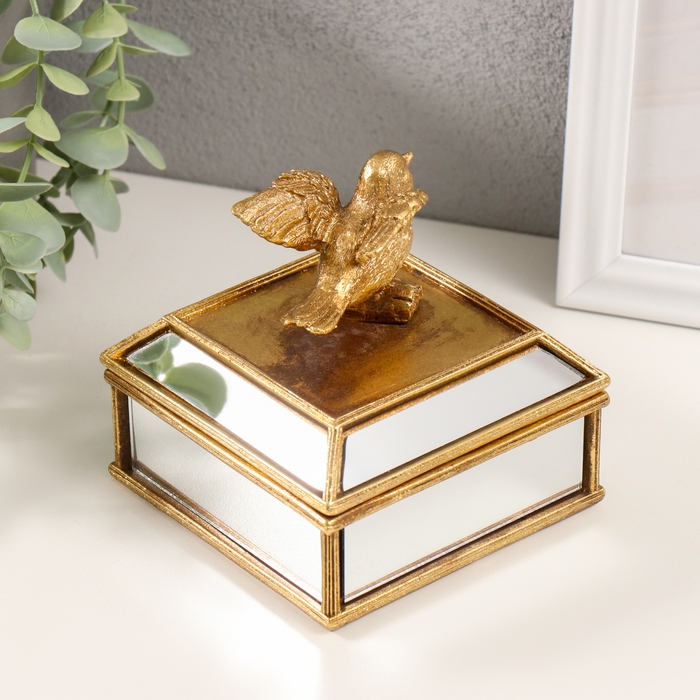 Шкатулка полистоун, зеркало  Шкатулка полистоун, зеркало "Золотая птичка" 10,5х10,5х10 см