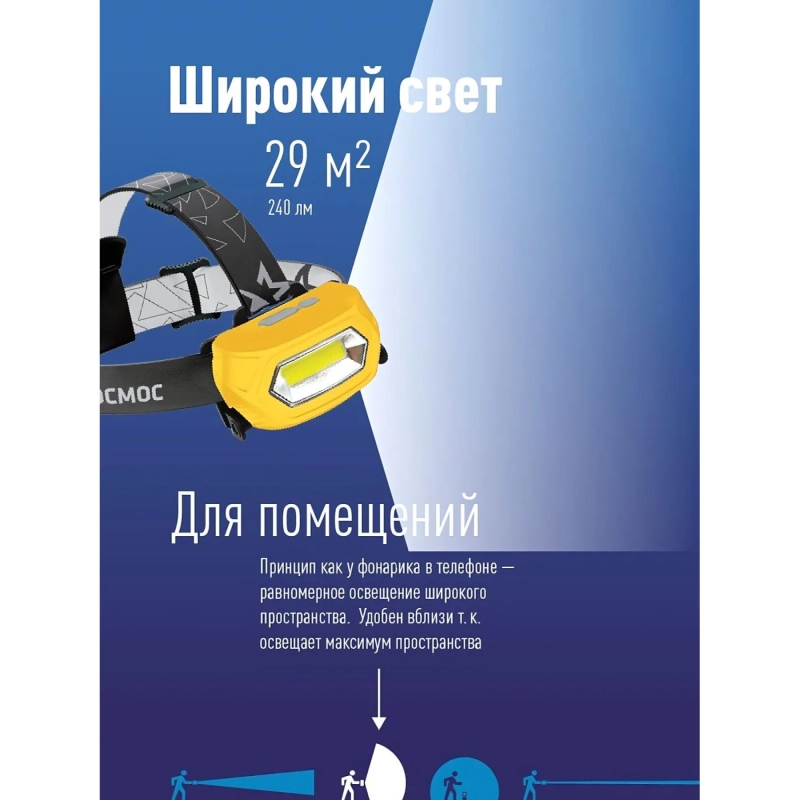 Фонарь налобный светодиодный аккум. КОСМОС KOC-LiPoH3WCOB, 3Вт