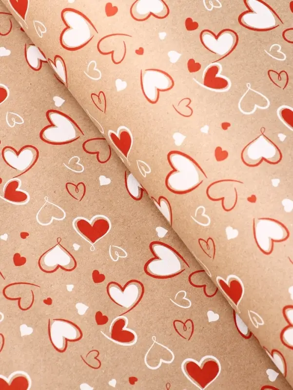 Бумага упаковочная крафт &laquo;Сердечки 2&raquo; красный/белый цвет на коричневом фоне 0.72&times;10&plusmn;5% м, 60 г