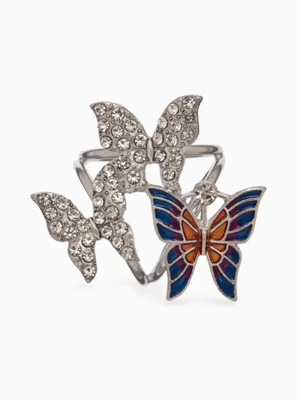 Кольцо для платка &laquo;Бабочки&raquo;, цветное в серебре