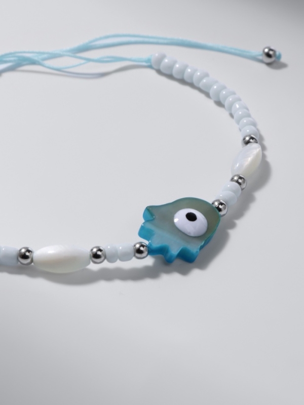 Браслет-оберег «Глазик» на нити, рука счастья Хамса, голубой в серебре Браслет-оберег «Глазик» на нити, рука счастья Хамса, голубой в серебре