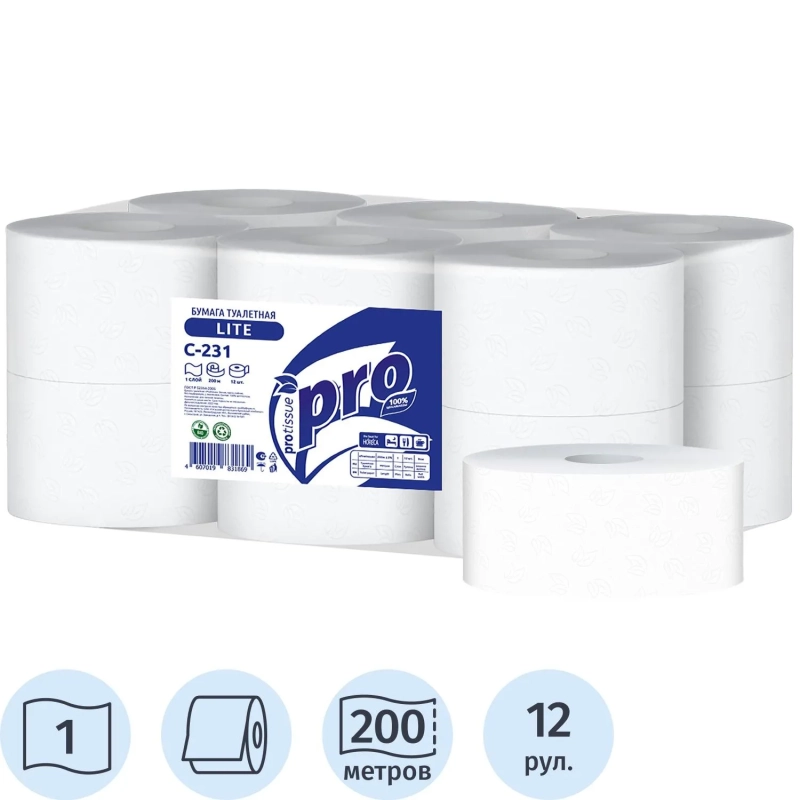 Бумага туалетная д/дисп Protissue 1сл белая цел 200м 12рул/уп_С231