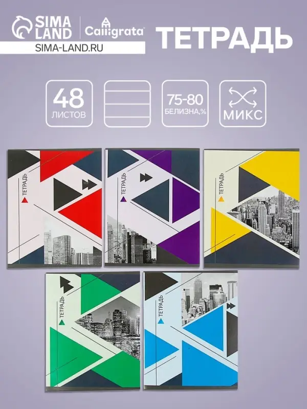 Тетрадь 48 листов в линейку Calligrata «Мегаполис», обложка мелованная бумага, блок №2, белизна 75% (серые листы), МИКС