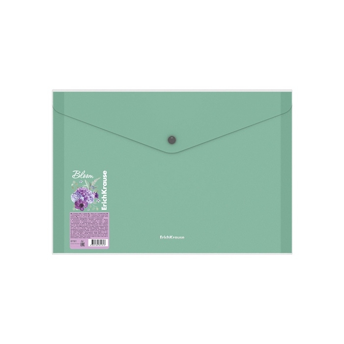 Папка-конверт на кнопке А4, 550 мкм, ErichKrause Matt Pastel Bloom, 4 отделения, с расширением, прозрачная, тиснение  Папка-конверт на кнопке А4, 550 мкм, ErichKrause Matt Pastel Bloom, 4 отделения, с расширением, прозрачная, тиснение "песок", МИКС