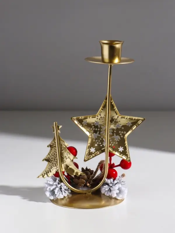 Подсвечник металл на 1 свечу  Подсвечник металл на 1 свечу "Звезда и ель с новогод.декором" золото d=2,5 см 12,5х9х18,5 см   10874