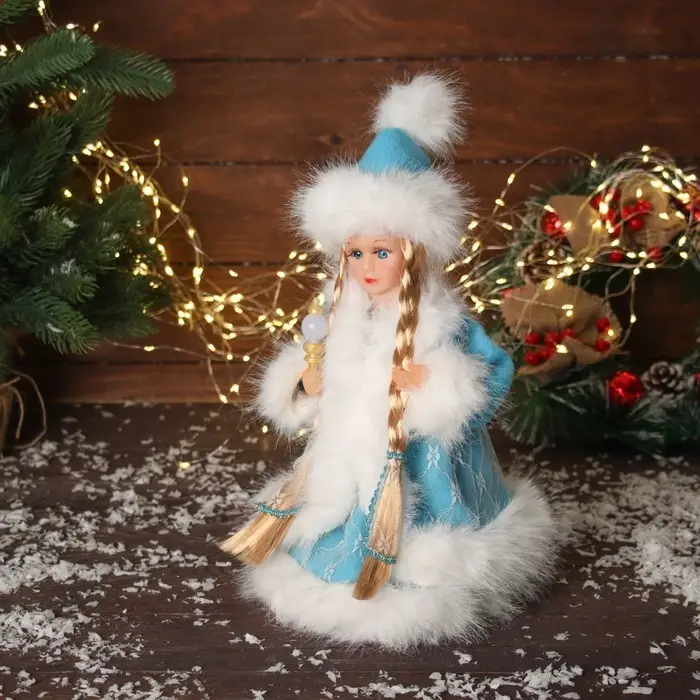 Снегурочка Снегурочка "В пушистой шубке, с фонариком" двигается, с подсветкой, 30х18 см, голубой