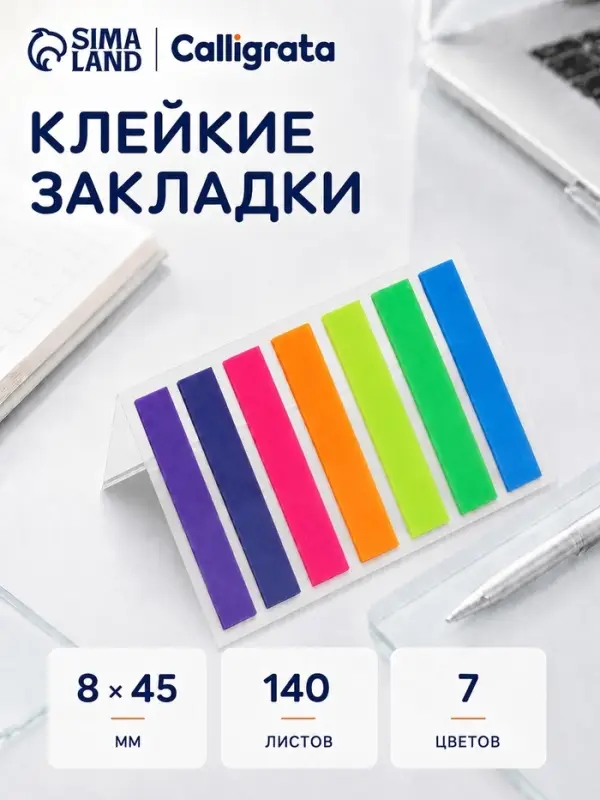 Блок-закладка с липким краем, 7 цветов по 20 штук, 8&times;45 мм, флуоресцентные, пластиковые
