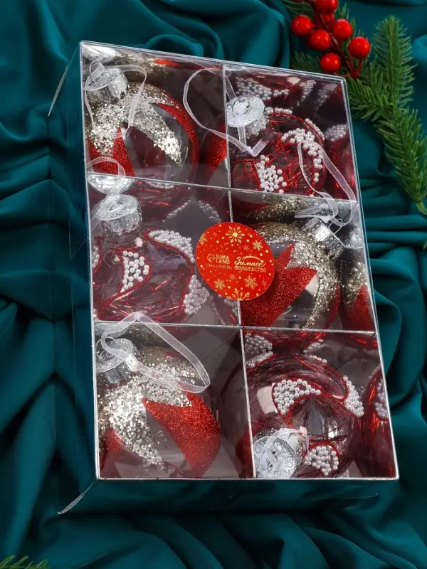 Набор шаров пластик d-8 см, 6 шт Набор шаров пластик d-8 см, 6 шт "Мелвин" красно-белый