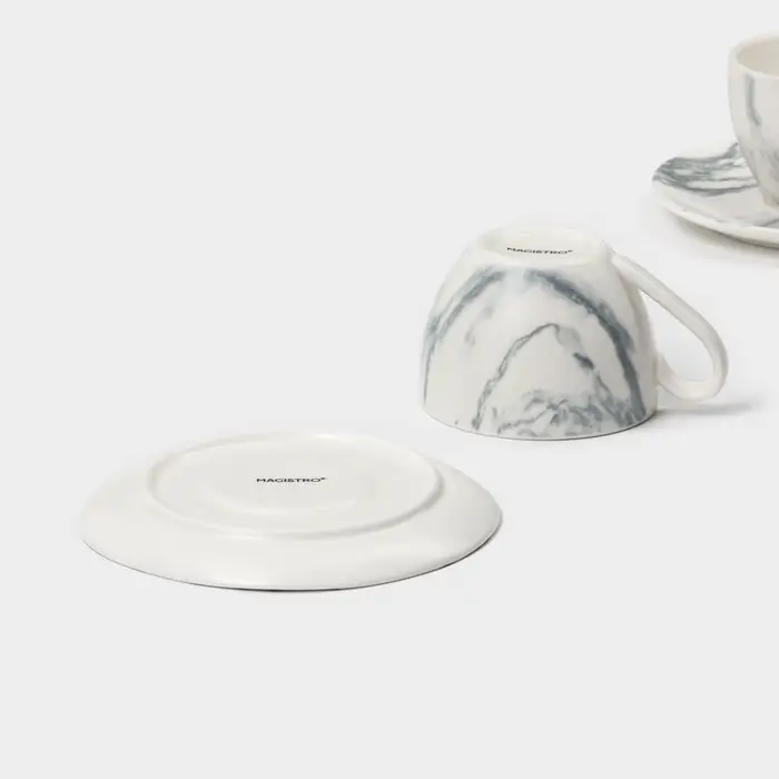 Чайный сервиз Magistro Real Marble, 2 персоны, 4 предмета: 2 чашки 120 мл, 2 блюдца d=12.5 см, фарфор, белый, серый