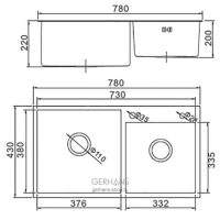 Мойка кухонная GERHANS K37843-S, врезная, двойная, 780х430х220 мм, с сифоном, S = 3.0 и 0.8 мм, глянцевая