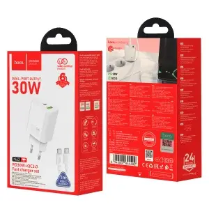 Сетевое зарядное устройство Type-C на Type-C PD30W + USB QC3.0 N63 HOCO белое