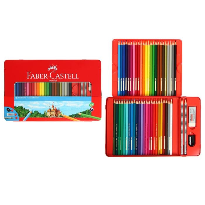 Карандаши 48 цвета Faber-Castell  Карандаши 48 цвета Faber-Castell "Замок", трёхгранный корпус, 2 чернографитных карандаша , с ластиком, в металлическом пенале